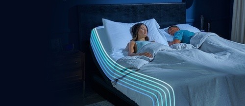 couple laying on a split king breeze mattress