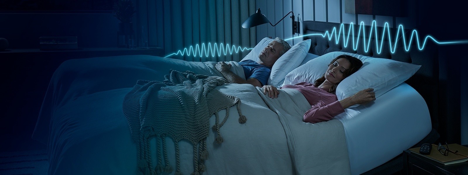 A couple laying on a split king bed with a snore response line over their heads