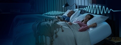 A couple laying on a split king bed with a snore response line over their heads