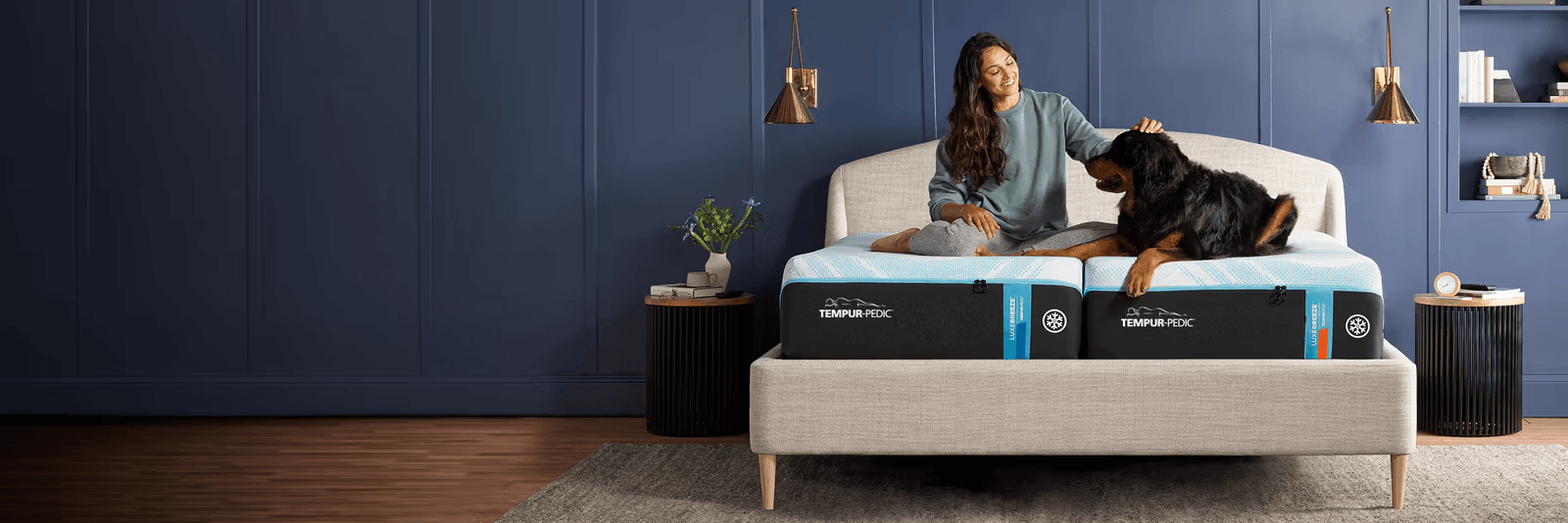 Dog and Woman on Tempur Breeze Split King Mattress